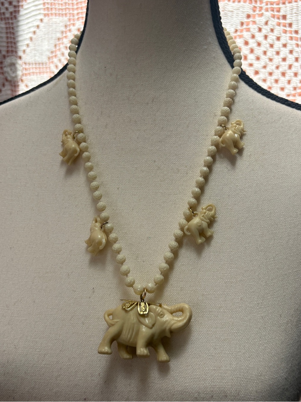 Vintage Cream Resin Elephant Charm Necklace
